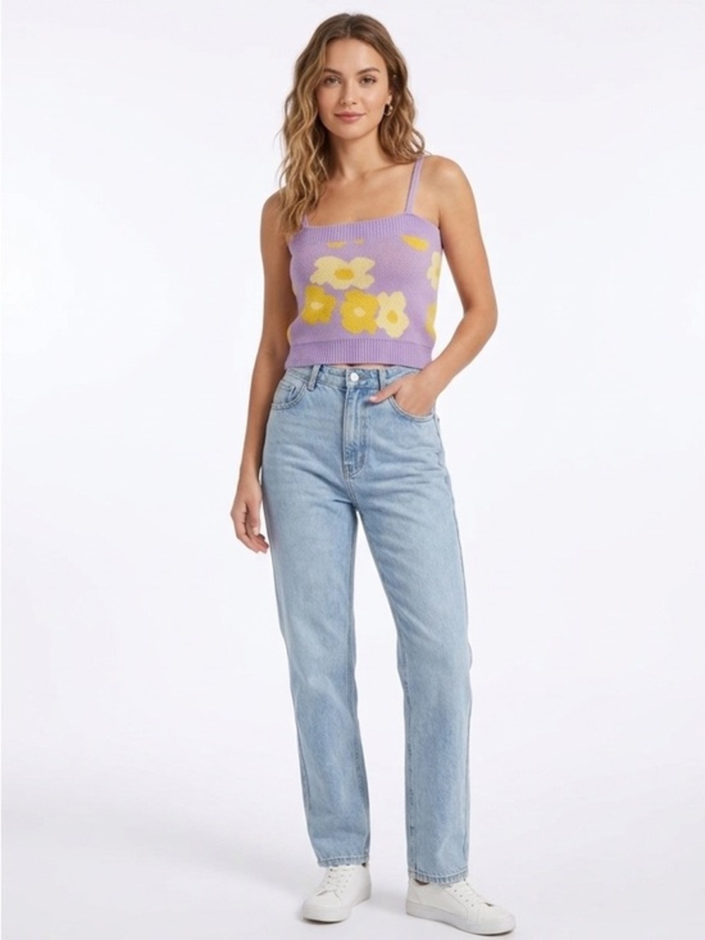 Cider Lavender Floral Print Knit Cami Knit Sleeveless Crop Top Size Small